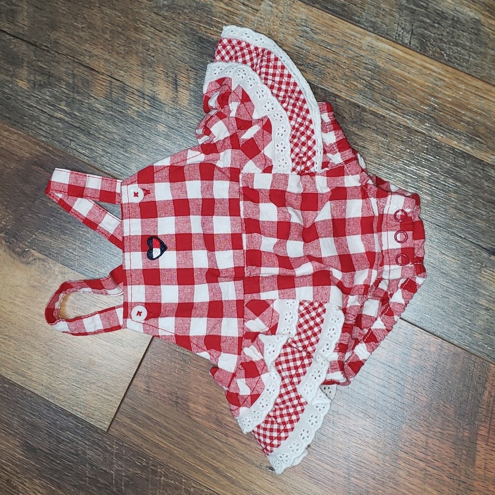 Tommy Hilfiger Red Gingham Ruffled Skirt Overall Style Romper, Size 0-3 Months